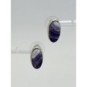 Vintage Chevron Amythest Sterling Silver Oval Post Earrings .75 Inch